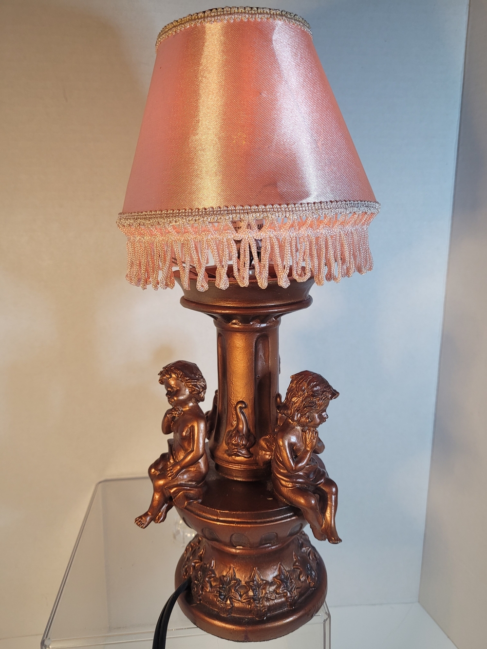 Verstella Lamp Small 13.5 Inches With Cherubs Or Putti Bronze Color Pink Shade